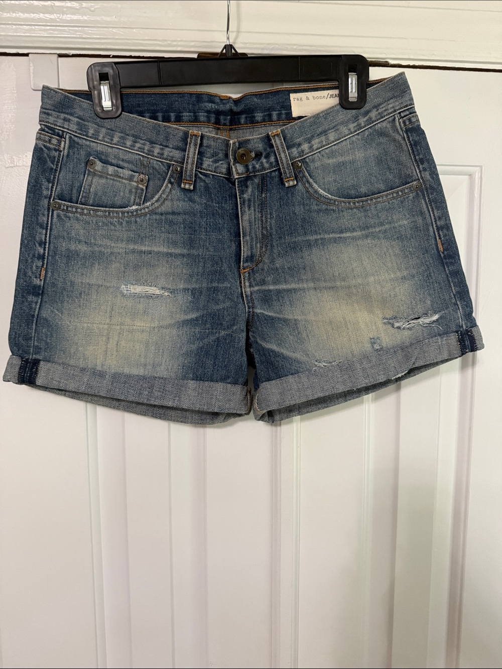 rag & bone Faded Blue Rolled Hem Distressed Denim Shorts